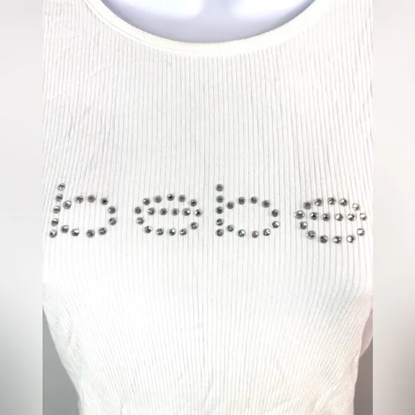 bebe M Spellout Ribbed Short Sleeve Circle Neck Top - Stark White - Image 2