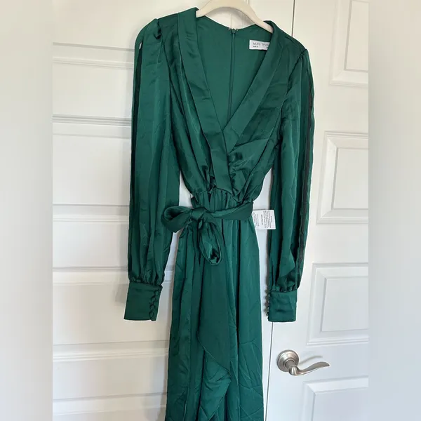 Mac Duggal Deep‎ Emerald Green Split Bishop Sleeve Slit V-Neck Maxi Dress NWT 2 - Image 5