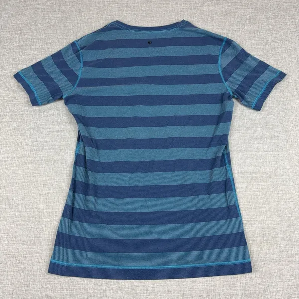 Lululemon T-Shirt Womens Medium Blue Striped V-Neck Short Sleeve Athletic Top - Image 2