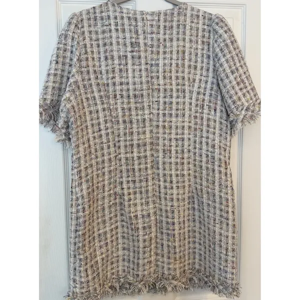 POL Tweed Dress LG White Colorful Plaid Fringe Button Detail Business Dressy‎ - Image 2