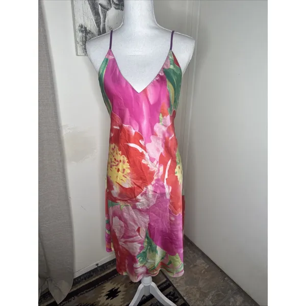 Natori Womens Sz M Botanic Print Satin Midi Slip Dress Chemise Floral Pink - Image 2