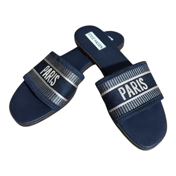 Steve Madden Knox Navy Embroidered 'PARIS' Slide Sandals - Image 2