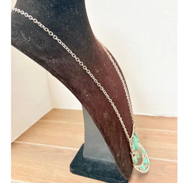 Silver Tone Faux Turquoise Articulated Bib Necklace Geometric Western Festival - Image 5