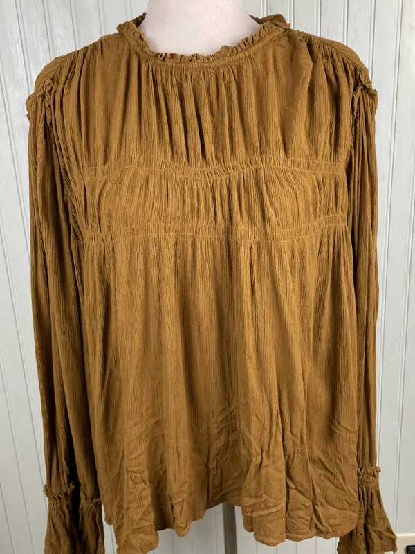 Free People Kelsey Top Size Large Ginger Snap Bell Sleeve Pleated Ruffle Boho - Image 11
