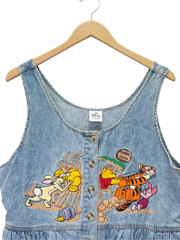 Vintage 90s Disney Store Winnie the Pooh Denim Maxi Dress Embroidered Size Large - Image 3