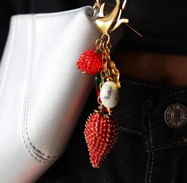 Red and gold handbag chain and keychain strawberry farm charms - Image 4