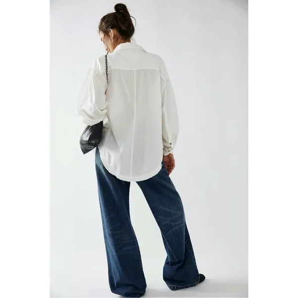 Free People Bohemian Preppy Oversized Happy Hour Solid Poplin Top White Medium - Image 5