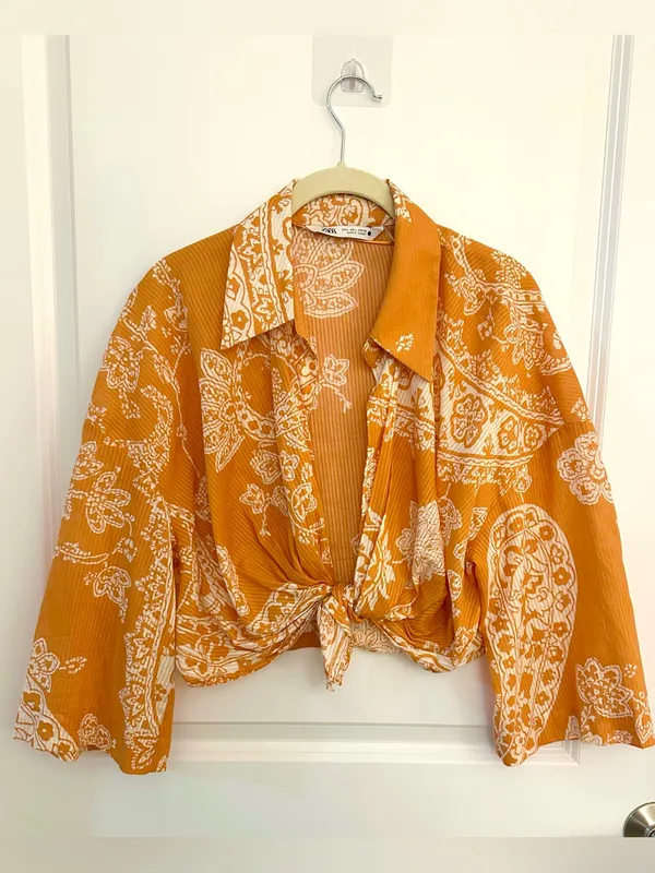 Zara Orange Paisley Tie Front Crop Top Large - Image 4