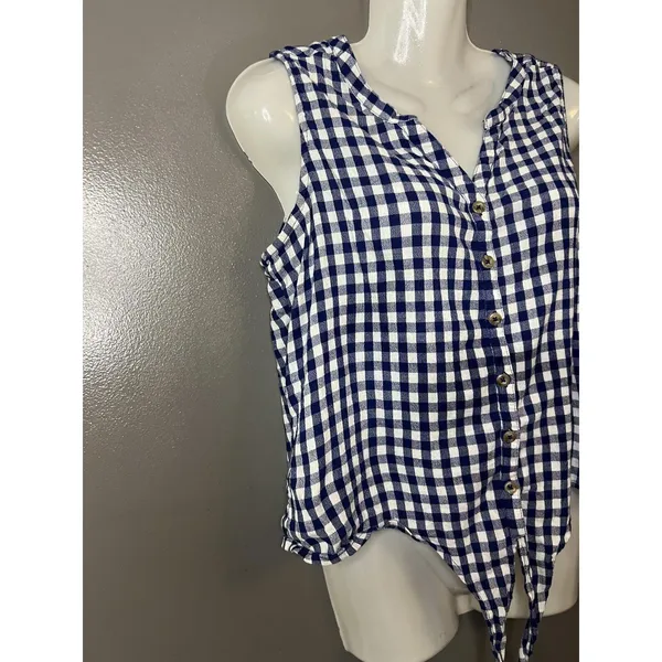 Natural Reflections Shirt Womens Large Blue Gingham Sleeveless Button Front Tie - Image 2
