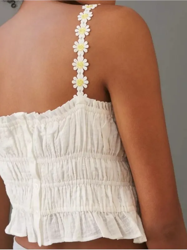 Anthropologie Maeve Strappy Daisy Crop Tank Off White Smocked Cotton Top Size S - Image 3