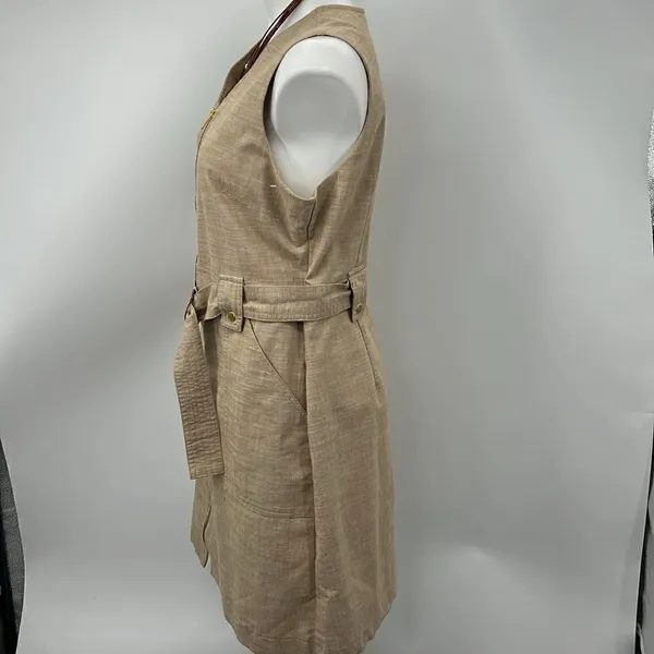 Sharagano khaki sleeveless full zipper sheath pocket dress - Image 4