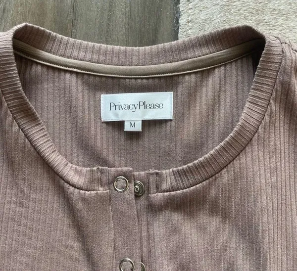 Privacy Please Bodysuit Tan Ribbed Long Sleeve Snap Front Top - Image 3