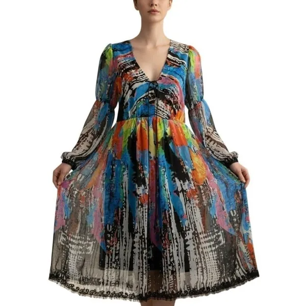 Vintage Oleg Cassini 80s 90s Abstract Boho Sheer Bell Sleeve Midi Dress Sz 6 - Image 2