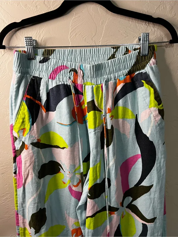A New Day Blue Tropical Floral Linen Rayon Wide Leg Pull On Vacation Pants - Image 3