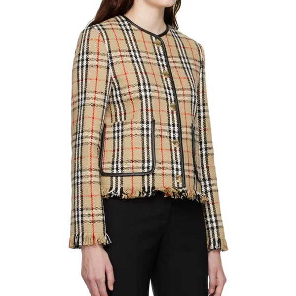NWOT Burberry Beige Vintage Check Plaid Collarless Jacket Blazer in Tan Plaid - Image 2
