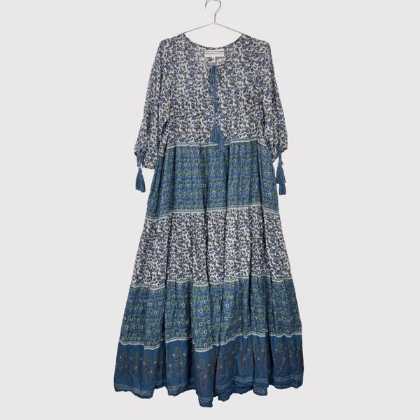 Daughters of India Maxi Dress Blue Floral Ditsy Tiered A Line Flowy Boho Medium - Image 2