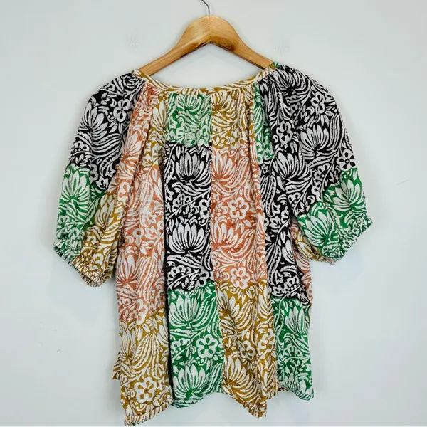 Roller Rabbit mixed print orange green brown &white boho patterned cotton top. L - Image 4