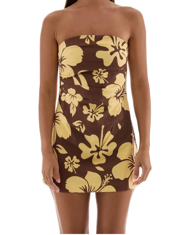 The Siesta Club Strapless Floral Summer mini Dress in Brown and Yellow - Image 5