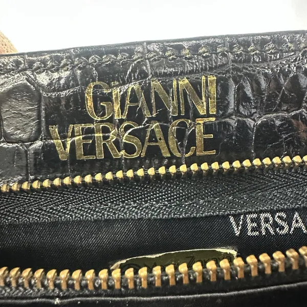 Gianni Versace Vintage Satchel Bag Womens Medium Black Crocodile Leather Gold - Image 4