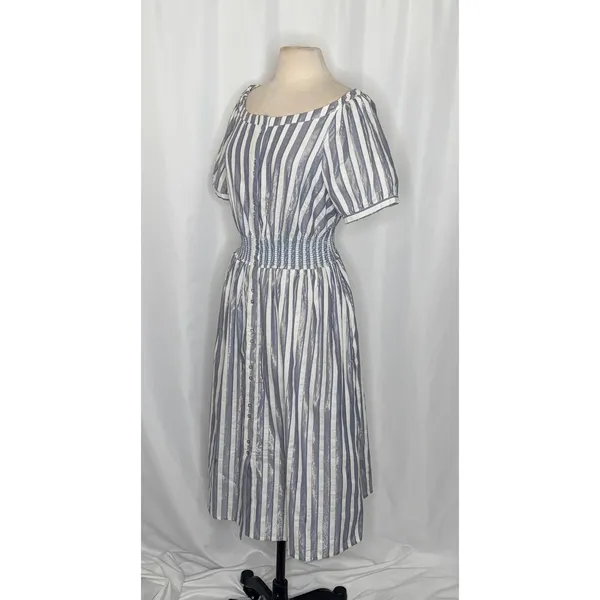 Anthropologie SEEN WORN KEPT Jenna Lurex Stripe Dress Blue White‎ Midi Size 12 - Image 6