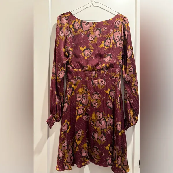 Free People Burgundy Floral‎ Long Sleeve Mini Dress Size 8 - Image 3