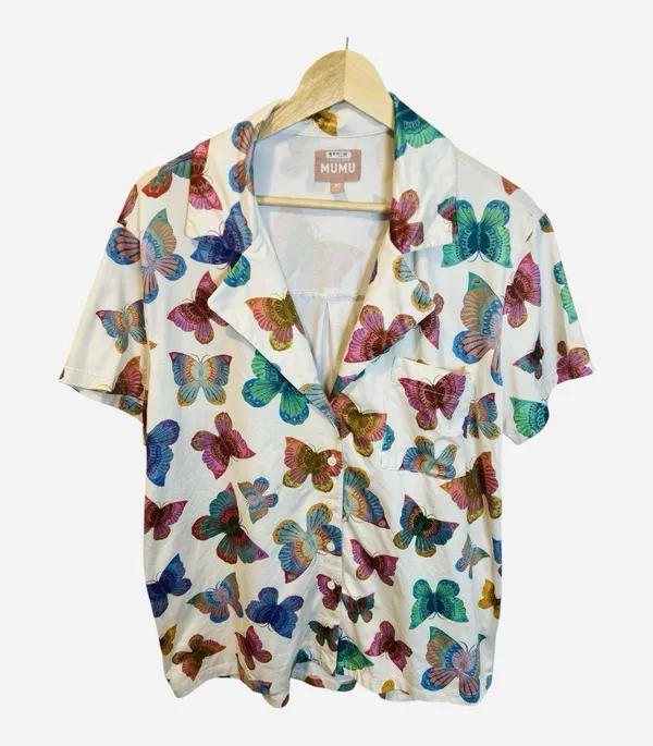 Show Me Your MuMu Pajama Top XS Sunday Morning Rainbow Butterflies Short Sleeve - Image 2