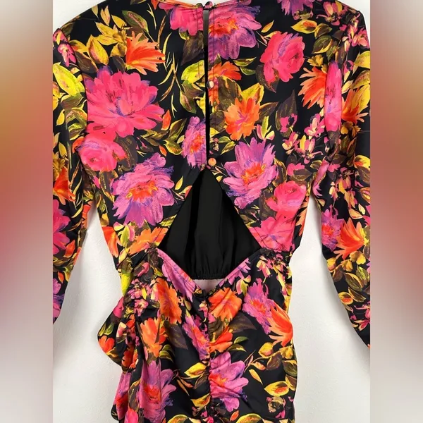 For Love and Lemons Dakota Black Floral Satin Long Sleeves Ruffle Dress Sz XXS‎ - Image 10