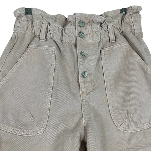 Zara Paperbag Waist Solid Denim Shorts Mauve High Rise Button Fly Raw Hem Size 6 - Image 4