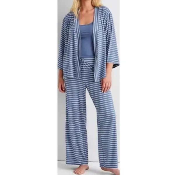 NEW State Of Day Intimates Blue Fluid-Knit Striped Lounge Pajama 3-Piece Set XS - Image 3