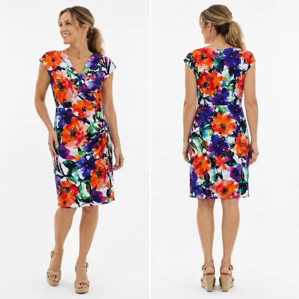 Lauren Ralph Lauren Floral Ruched Sheath Dress Orange Purple Blue Size‎ 8 - Image 2