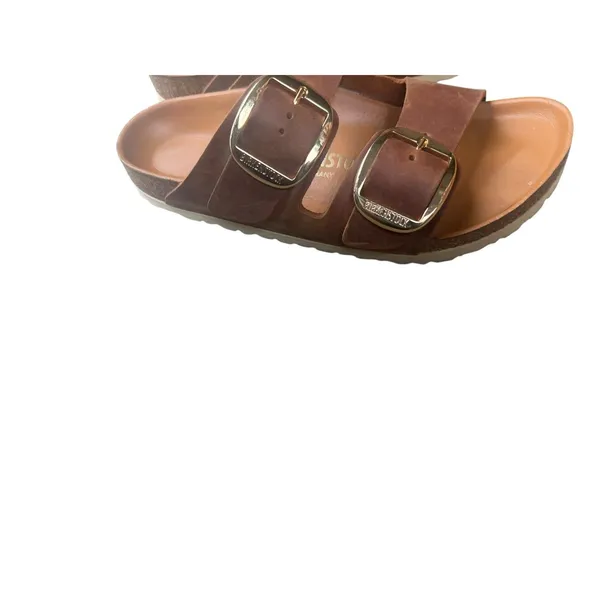 Birkenstock Arizona Big Buckle Sandals EU 38 US 7-7.5 Brown Leather Gold slide - Image 6