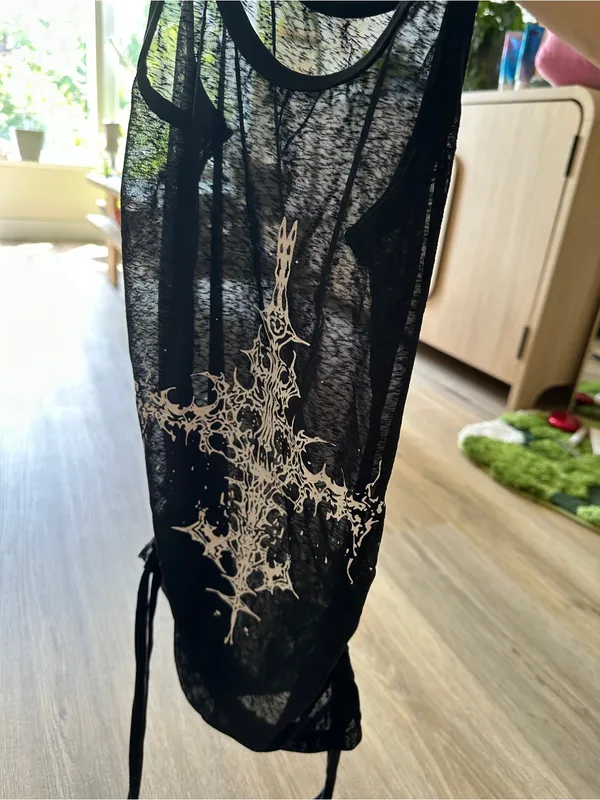 Black mesh tank top with white ornate cross graphic and adjustable tie ruching - Image 5