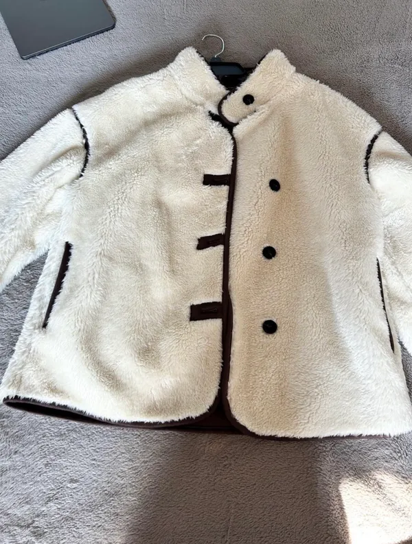 Cream Sherpa Jacket with Brown Trim White - Image 4