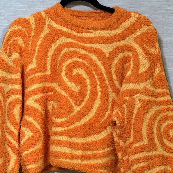 Cider Orange Yellow Swirl Fuzzy Knit Cropped Sweater Small Retro Pullover - Image 5