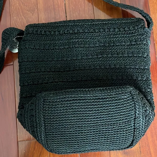 The Sak Black Crochet Shoulder Flap Bag Boho 10x10x5 Festival Summer - Image 4