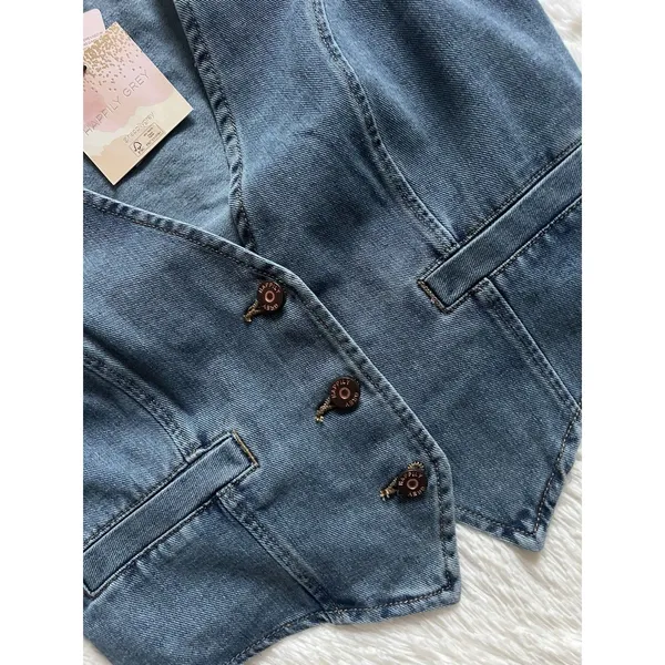 NWT Happily Grey Denim Vest Medium Wash Button Front Cropped Waistcoat Size M - Image 3