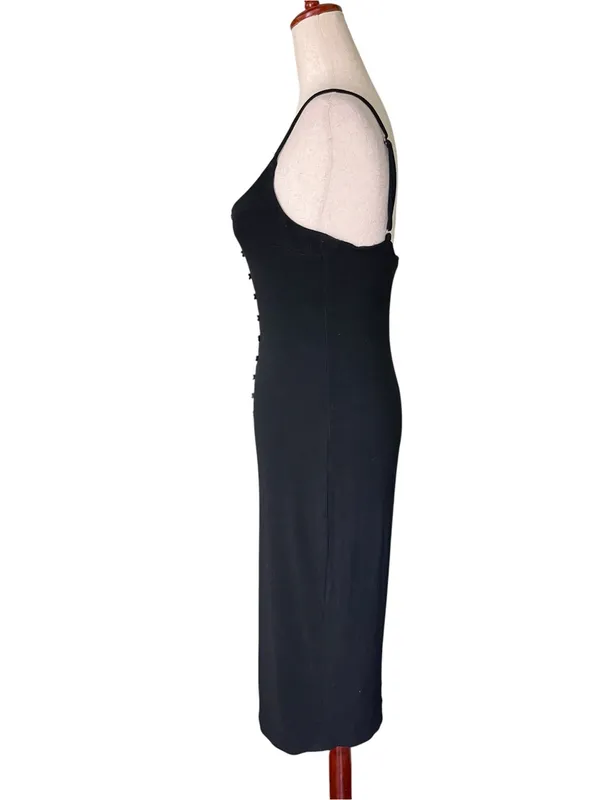 Blanc black ribbed-knit midi dress with asymmetric curved row of front buttons - Image 9