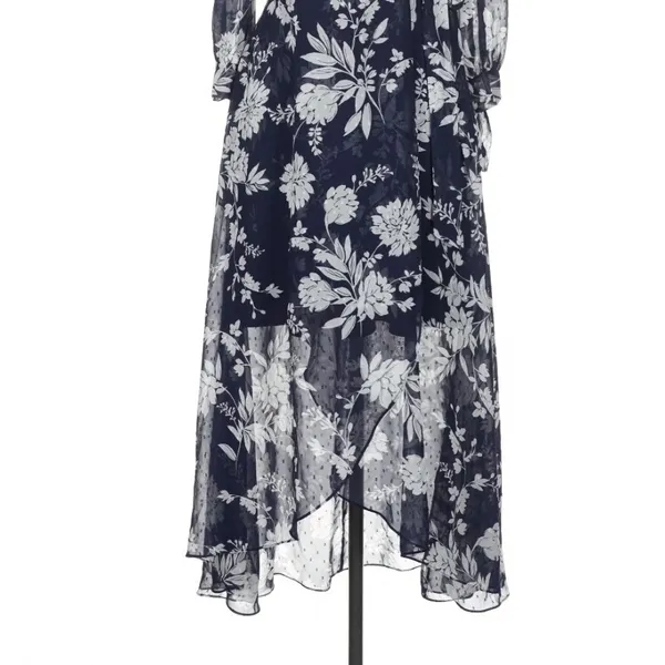 Eliza J Navy Blue Floral High Low Faux Wrap Dress 6 Cottage Fairy Wedding Guest - Image 4