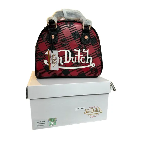 NWT! Von Dutch Red & Black Plaid Small Bowling Bag - Image 6