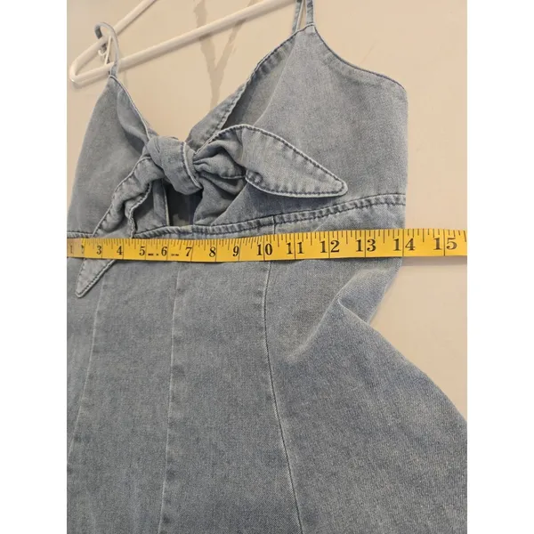 SHEIN Denim Tie Front Cutout Romper Size L Y2K Light Wash Flared Shorts Women - Image 10
