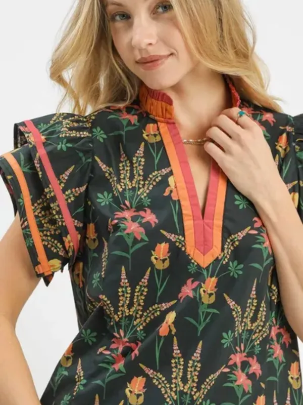 Umgee Mix Floral‎ Print Blouse with Contrast Trim - Image 4