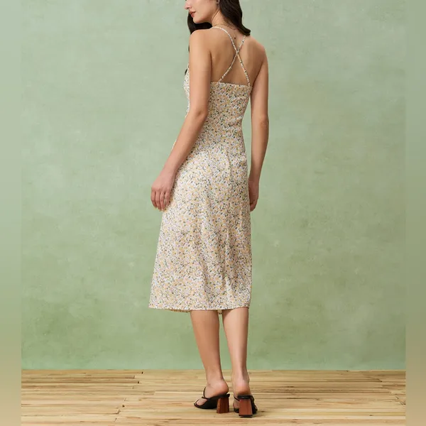 Rihoas Yellow Floral Ruched Slip Midi Dress - Image 5