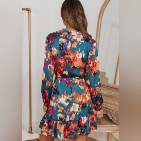 NEW Deep Turquoise Abstract Multicolor Print Belted Ruffle Satin Mini Dress - Image 3
