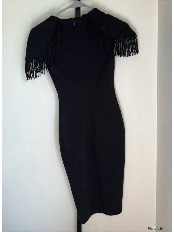 Nookie Mendez Midi Black Tassel Cap Sleeve Dress XS NEW - Image 3
