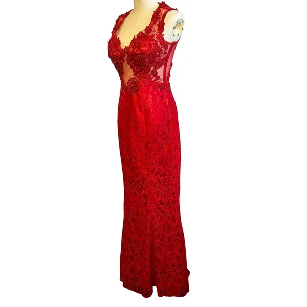 Swing Red Floral Lace Illusion Prom Gown Size 6 - Image 5