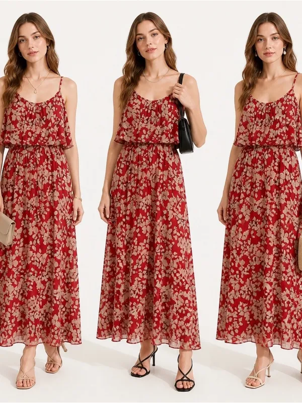 TTI Floral Off Shoulder Chiffon Red Maxi Dress Size Small - Image 2