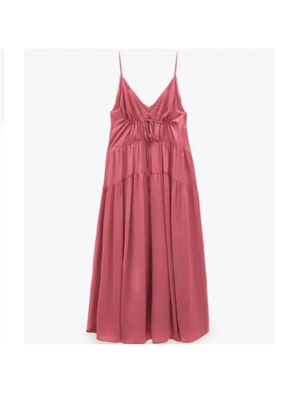 ZARA Babydoll Satin Tiered Cami Maxi Dress in Plum Pink XS/S $89 - Image 9