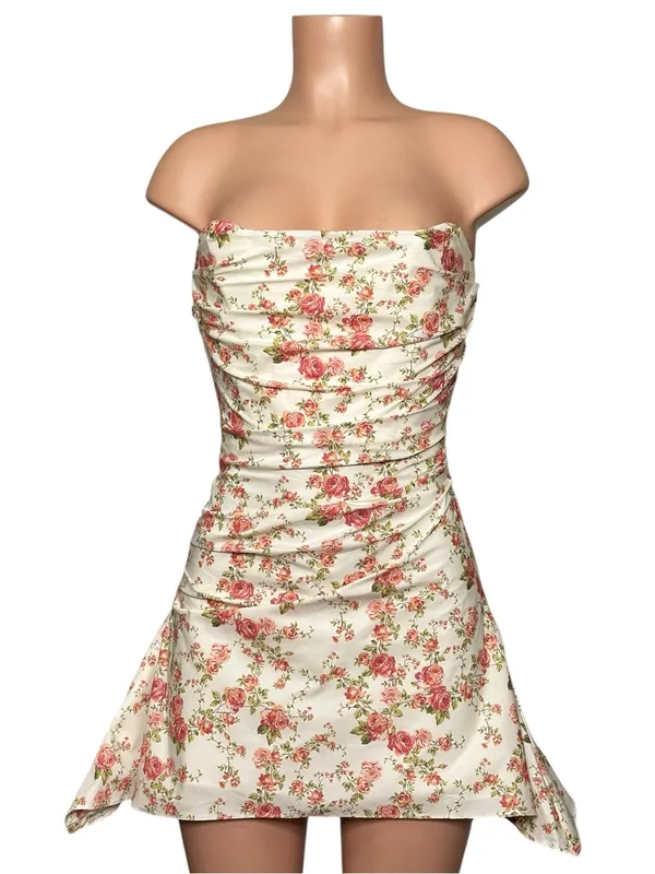 HOUSE OF CB Jasmine Draped Strapless Corset Mini Dress, Rose Print, Small - Image 3