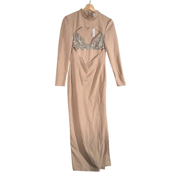 NEW Asos Design Womens Sz 6 Beige High Neck Cut Out Sequin Holiday Winter Dress - Image 2