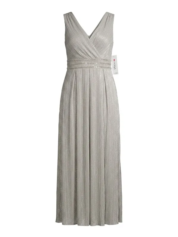 R&M Richards Silver V-Neck Pleated Maxi Dress with Beaded Waist. Size 14 - Image 2